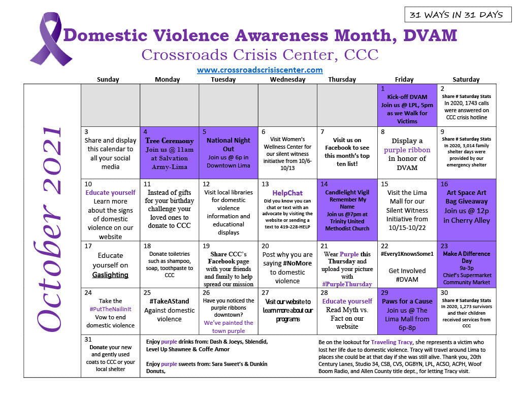 Crossroads Crisis Center Domestic Violence Awareness Month Calendar